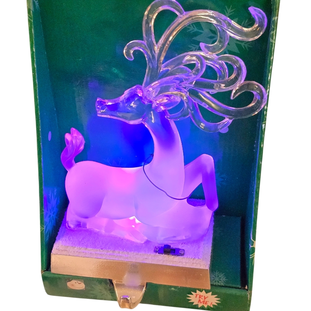 Lighted Acrylic Reindeer Stocking Holder Frosted Deer Christmas Mantel Decor NIB - Picture 4 of 7